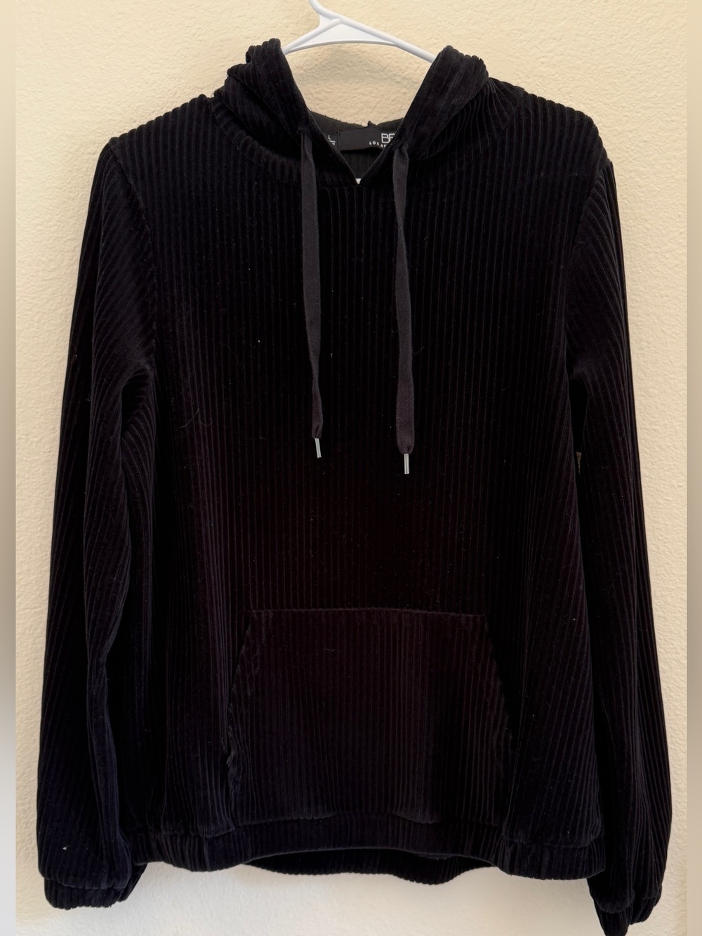 BBJ Los Angeles Boom Boom Jeans Black Ribbed Velour Pullover Hoodie Pocket